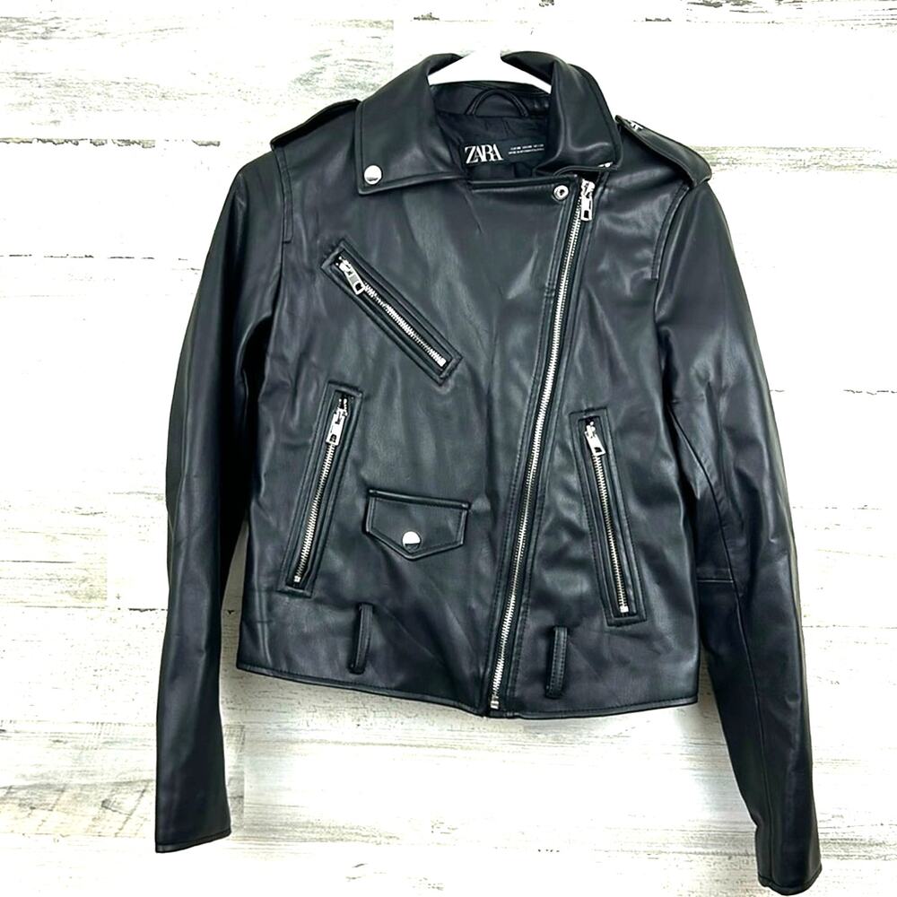 Zara Womens XS Black Vegan Leather Moto Biker Jacket Boho Chic NEW